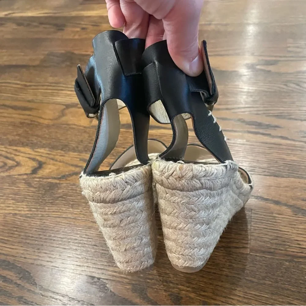 SOLUDOS Black Leather Espadrille Wedge Sandals